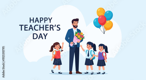 Happy Teacher's Day Celebration: Students Presenting Flowers to Male Teacher with Balloons, Appreciation and Gratitude