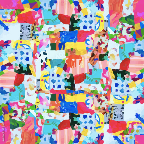 Vibrant abstract patchwork vector background with uneven geometric shapes, ragged edges, tattered collage textures, and bright rainbow colors in a seamless tiled pattern for contemporary designs.