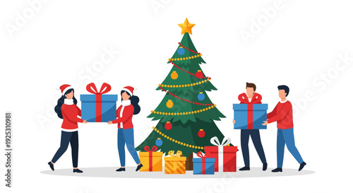 Joyful Group Exchanging Christmas Gifts by Decorated Tree | Festive Holiday Season Celebration