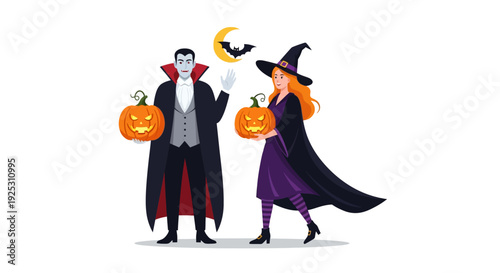 Halloween Vampire and Witch Couple with Jack-o'-Lanterns Under Moonlight - Spooky Celebration Vector Illustration