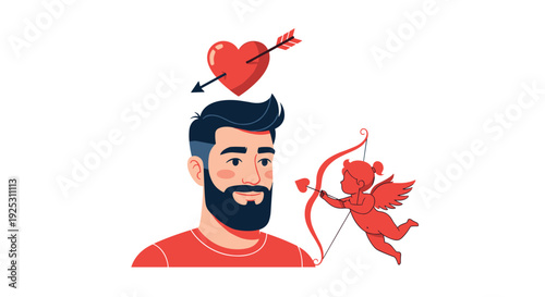 Little cupid with a bow and arrow shoots a love dart at a bearded man while a heart symbol appears above his head.