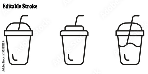 Editable stroke silhouette of three drink cups with straws