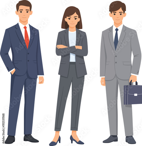 Three professionals standing confidently in business attire