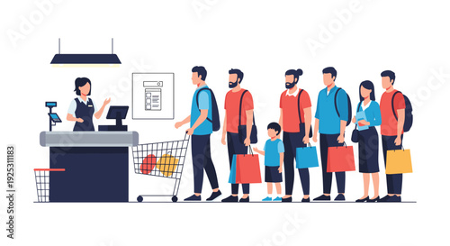 Diverse group of shoppers with bags and carts waits in a long line at a supermarket checkout counter with a cashier.