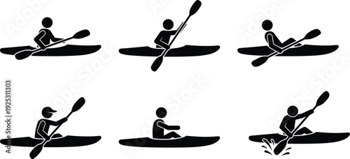 Kayaking icon set, paddler in canoe different poses water sport silhouette isolated on white background vector illustration