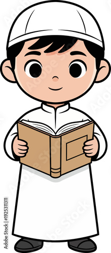 Cartoon illustration of a young Muslim boy wearing a white thobe and kufi, holding an open book, possibly reading the Quran, with a happy and studious expression.