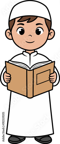 Cartoon illustration of a young Muslim boy wearing a white cap and robe, holding and reading an open book, depicting religious education or study.