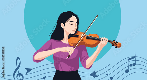 Talented young woman with long black hair plays a wooden violin with focus and passion against a blue background.