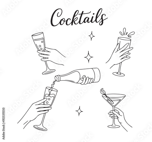 Set of line art illustrations of hands holding cocktail glasses and pouring drinks with text