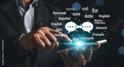 A business professional interacting with a multilingual translation app on a smartphone displaying various languages