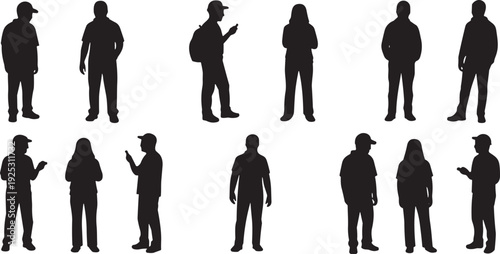Silhouettes of diverse individuals standing in everyday postures, some holding mobile devices, representing modern lifestyle, technology use, social interaction, and human variation in appearance.