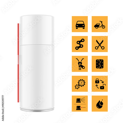 Industrial aerosol spray can mockup with set icons. Hight realistic vector illustration isolated on white background. Easy to use for presentation your product, idea, design. EPS10.