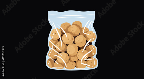 Transparent plastic zip lock bag filled with round brown falafel balls or homemade cookies isolated on a black background.
