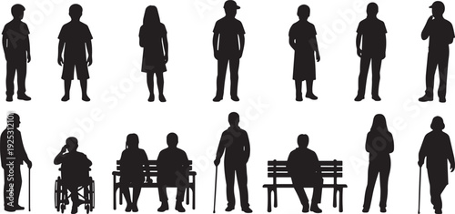 Silhouettes of people across different stages of life, from childhood to old age, showing diversity in aging, mobility, health, and lifestyle progression.