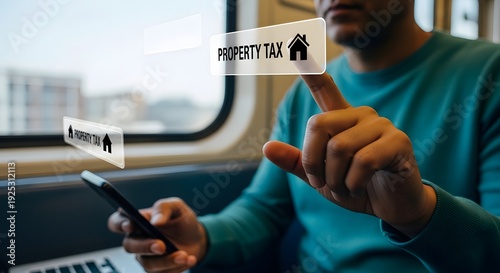 A person holding a smartphone and pointing to a property tax notification on a bus