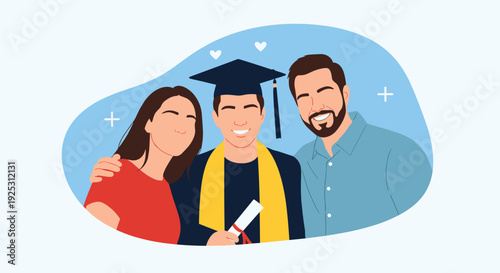 Happy graduate in a black gown and cap holding a diploma while posing with his proud parents for a celebratory portrait.