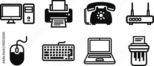 Icon bundle featuring computer printer phone router mouse keyboard laptop and usb icons for various digital and office applications