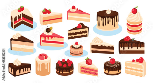 Assorted delicious cake slices and whole cakes with various flavors and fruit toppings isolated on a clean white background.