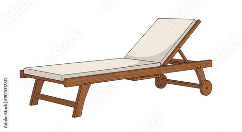 Classic wooden sun lounger with white mattress pad for outdoor relaxation in garden or poolside deck area on white background.