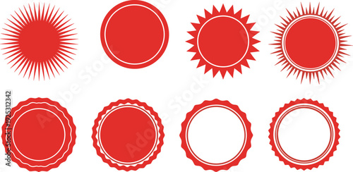 Collection of red sunburst circle badge seals and round guarantee stamps for retail promo stickers discount sale labels and creative marketing branding elements.