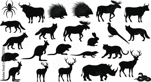 Large collection of black silhouette vector icons featuring various wild animals including deer kangaroo rhino moose and forest creatures for nature themed designs.