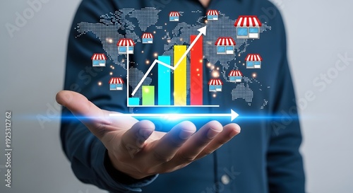 Businessman holding a tablet displaying colorful bar graph and retail icons