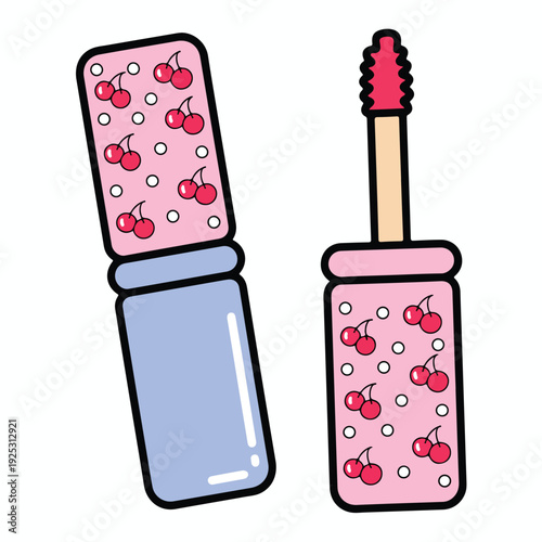 Isolated closeup of fashion beauty objects including a red lipstick and pink makeup brushes next to a plastic cosmetic container and nail polish bottle for professional make-up care