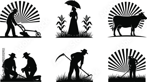 Vintage agriculture silhouette collection featuring farmers, cattle, corn fields and rural life scenes with retro sunburst background isolated on white.