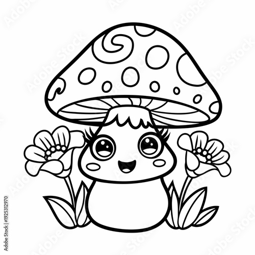 Charming cartoon mushroom with big eyes and flowers, outline illustration for coloring book, sweet and innocent forest character.