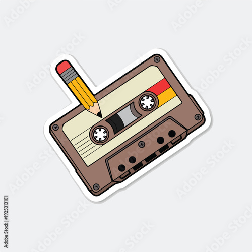 Retro vector video game and camera icons on an internet button features an isolated old analogue cassette tape for vintage audio recording on a white background