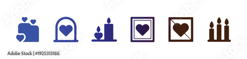 Set of romantic hearts and candle icons representing love affection celebration and decoration elements