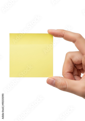 Hand holding a blank yellow sticky note isolated on transparent background