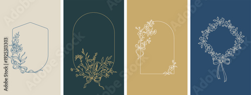 Canvas Print Elegant frames with hand drawn flowers,  leaves and bows, line style design template
