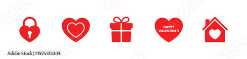 Valentine's day themed icons set with heart padlock gift box and home symbols for decoration