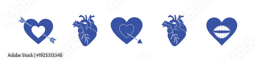 Love and anatomy blue vector icons collection with heart arrow and human organs illustration