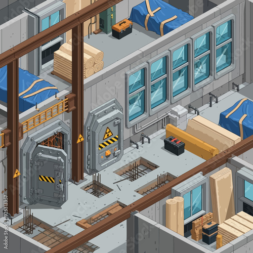 Isometric Warehouse Storage Facility with Crates and Containers.