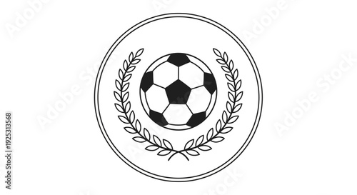 Soccer Ball with Laurel Wreath in Circular Frame Line Art Logo, Isolated White Background