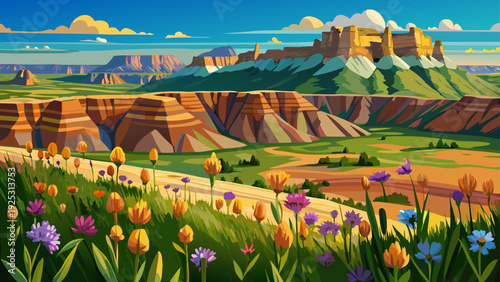 Very beautiful close-up prairie wildflowers stretching across Badlands National Park with dramatic layered rock formations behind.
