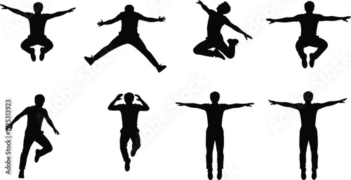 Jumping man silhouette collection set, energetic male action poses isolated on white background dynamic movement vector illustration pack