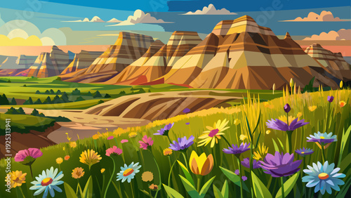 Very beautiful close-up prairie wildflowers stretching across Badlands National Park with dramatic layered rock formations behind.
