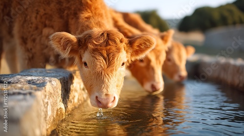 Three cows are drinking water from a trough