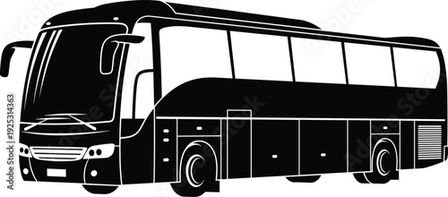 Black silhouette vector icon of a large modern passenger bus for tourist travel public transportation commercial vehicle branding and urban transit graphic design.