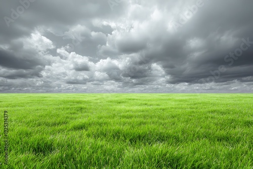 Dramatic stormy clouds loom over vibrant green grassy field