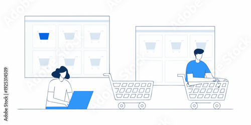 People shopping in a store and online with carts and laptops