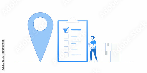 Person completing a checklist near a location pin illustration