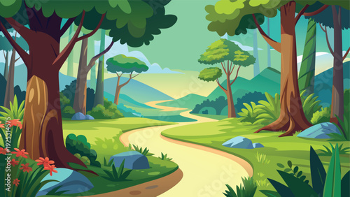 A winding path leads through a lush vibrant forest with tall trees and rolling hills