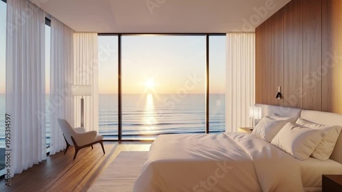 Luxury hotel apartment bedroom and lounge interior with comfortable bed, sofa, table, window light and modern contemporary design living space 4k video