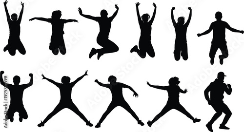 Jumping people silhouette collection set, energetic men and women celebrating success isolated on white background vector illustration pack