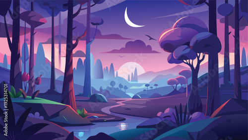 A stylized digital illustration depicts a vibrant purple and pink forest landscape at dusk high quality
