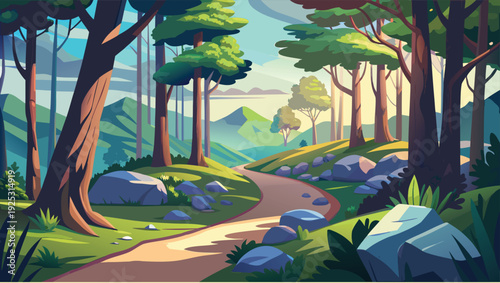 A winding path leads through a lush forest towards distant hazy mountains high quality professional detailed